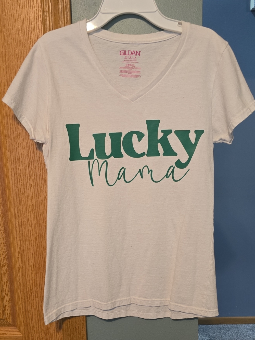 Gildan White Tee with Green "Lucky Mama" Graphic